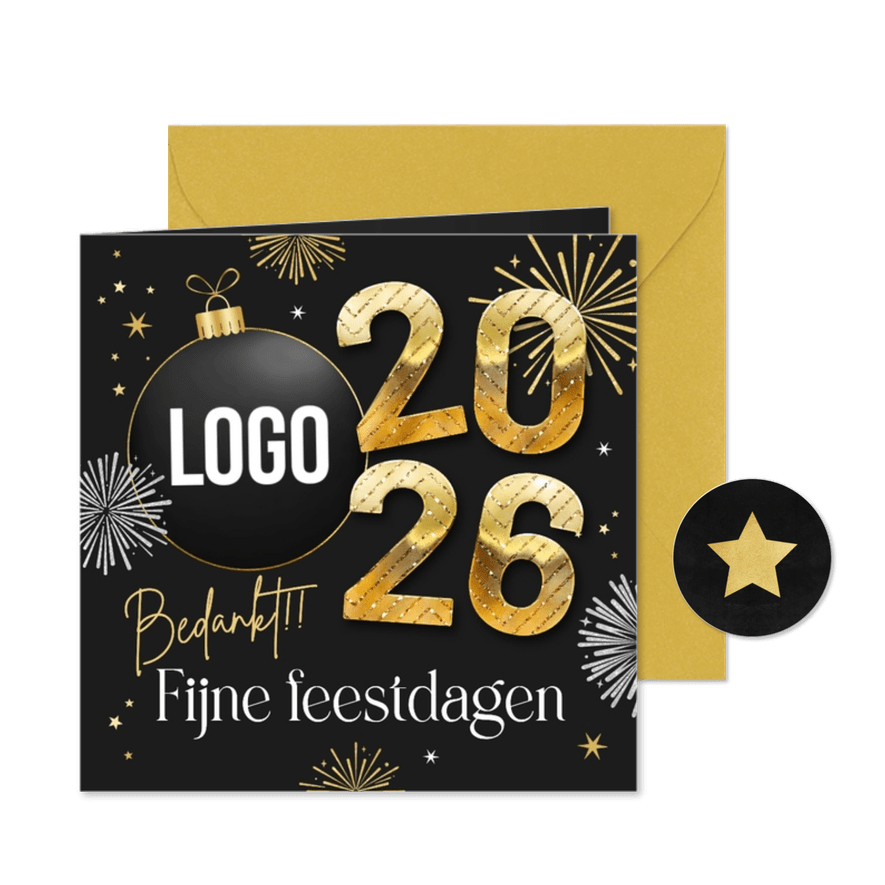 Zakelijk kerst nieuwjaar 2026 vuurwerk bedankt kerstbal - Kaartimpressie