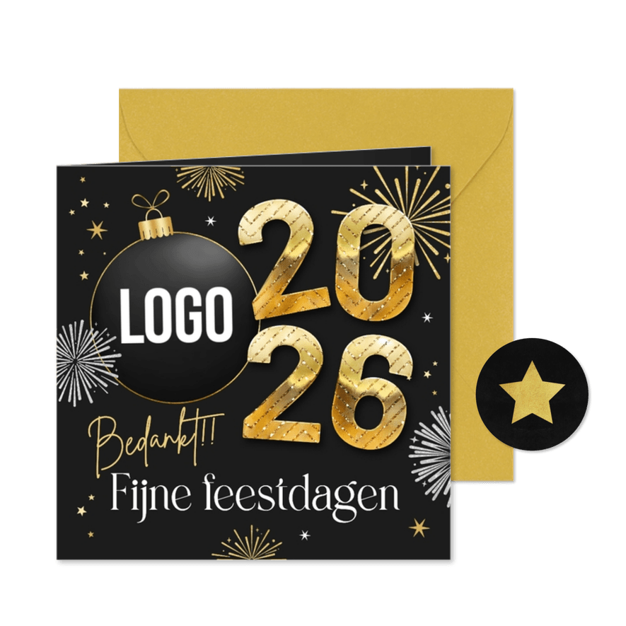 Zakelijk kerst nieuwjaar 2026 vuurwerk bedankt kerstbal - Kaartimpressie