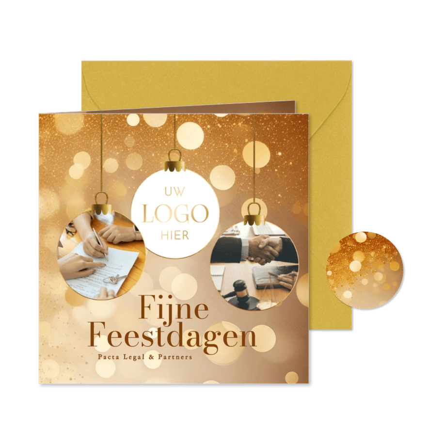 Zakelijk kerstkaart met 3 foto's kerstballen en glitters - Kaartimpressie