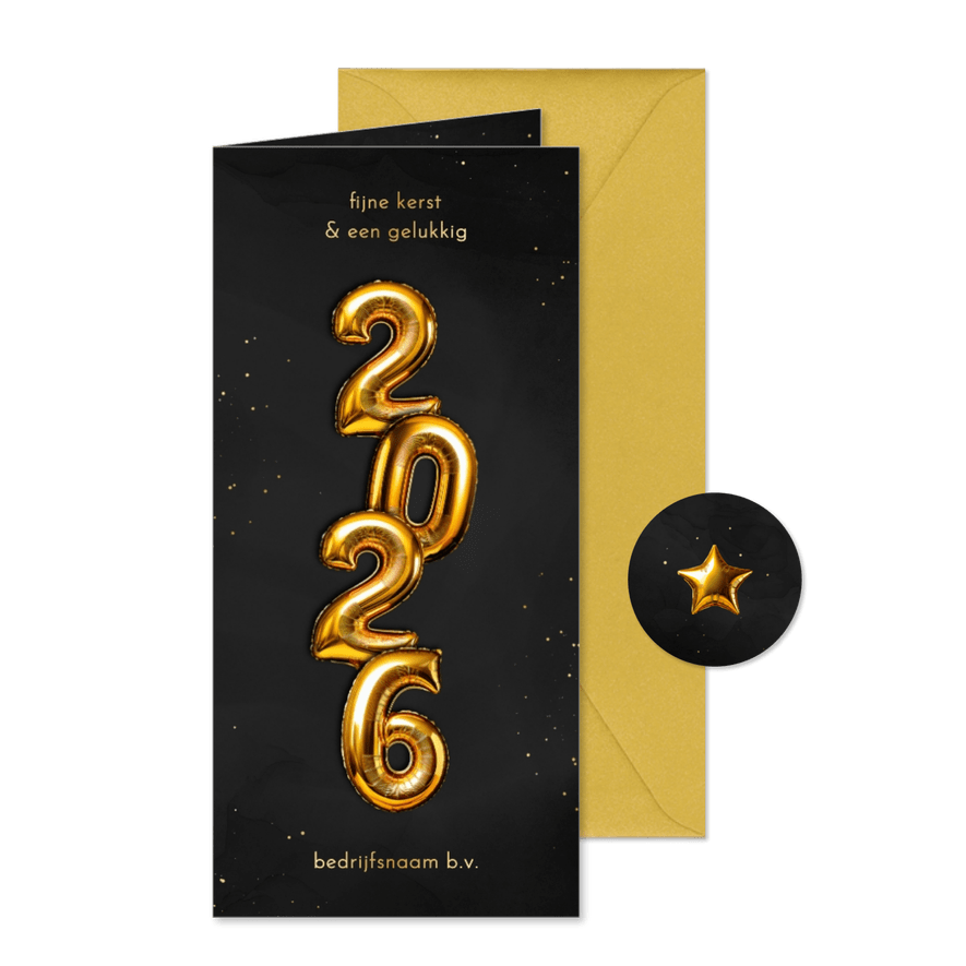 Zakelijk kerstkaartje folieballon 2026 verticaal goud - Kaartimpressie