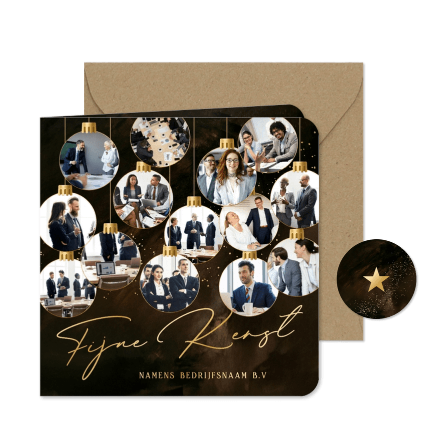 Zakelijk kerstkaartje met fotocollage 14 kerstballen goud - Kaartimpressie