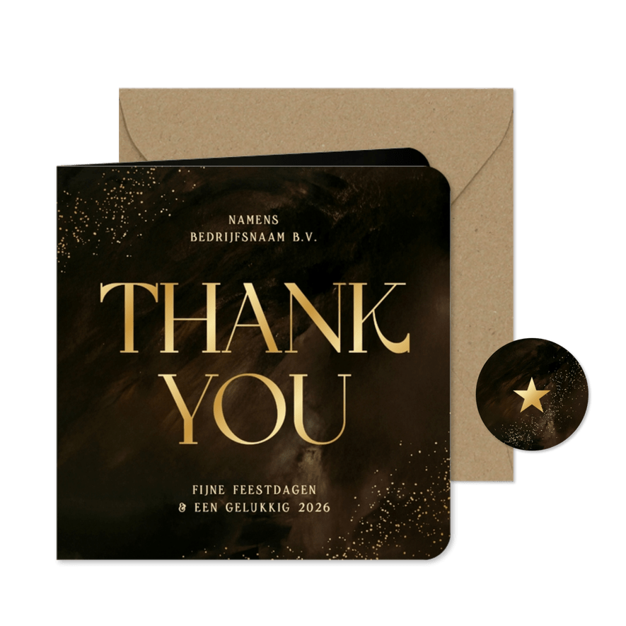 Zakelijk kerstkaartje thank you goud bruin waterverf  - Kaartimpressie