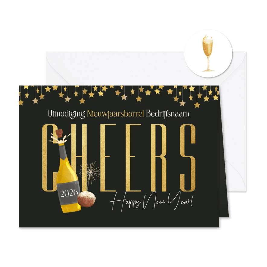 Zakelijk uitnodiging nieuwjaarsborrel champagne oliebol ster - Kaartimpressie