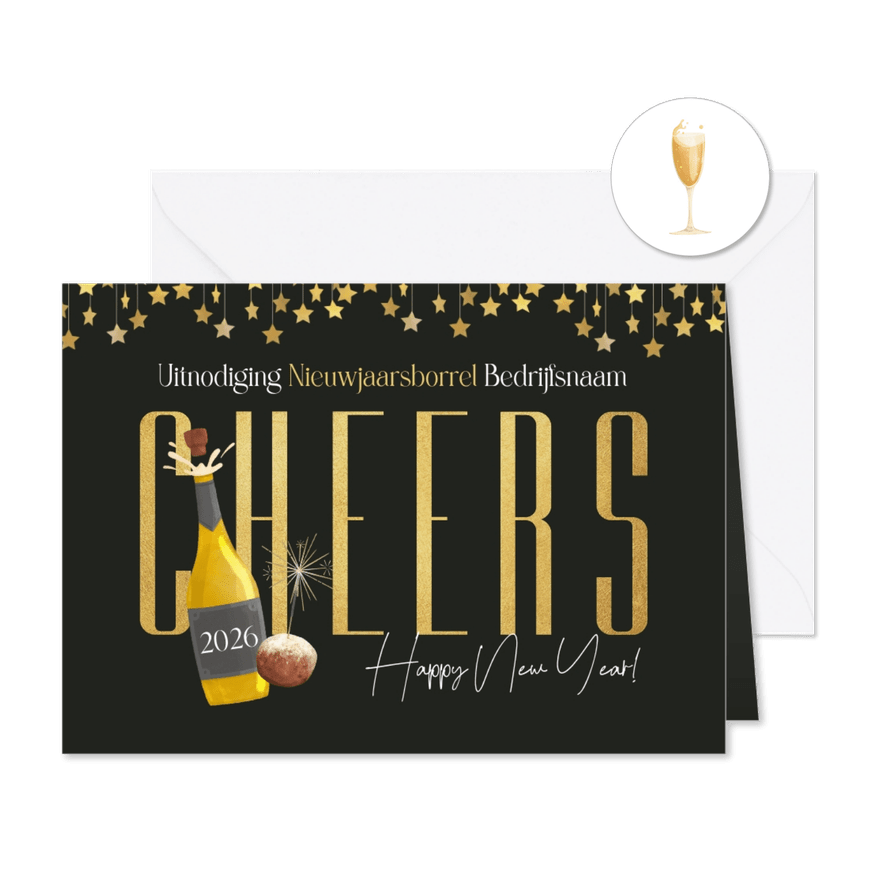 Zakelijk uitnodiging nieuwjaarsborrel champagne oliebol ster - Kaartimpressie