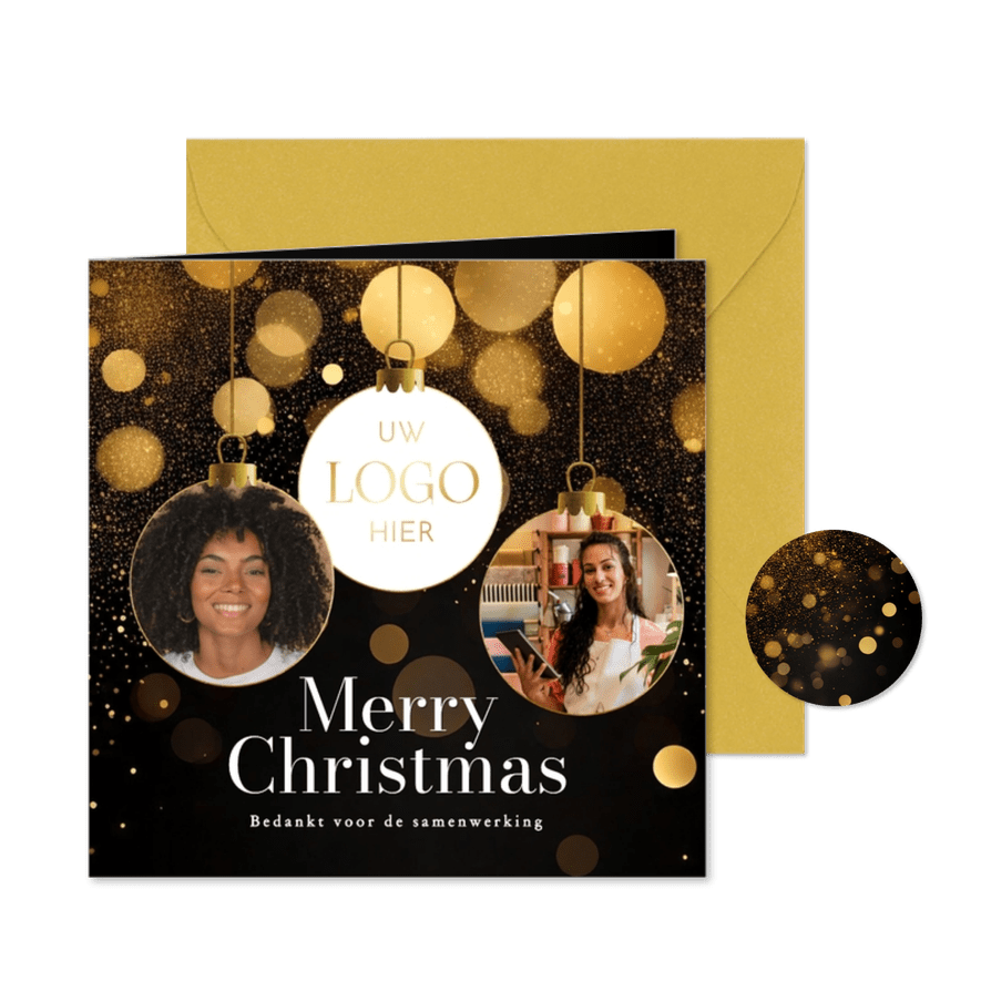 Zakelijk zwart kerstkaartje met foto in kerstbal vorm - Kaartimpressie
