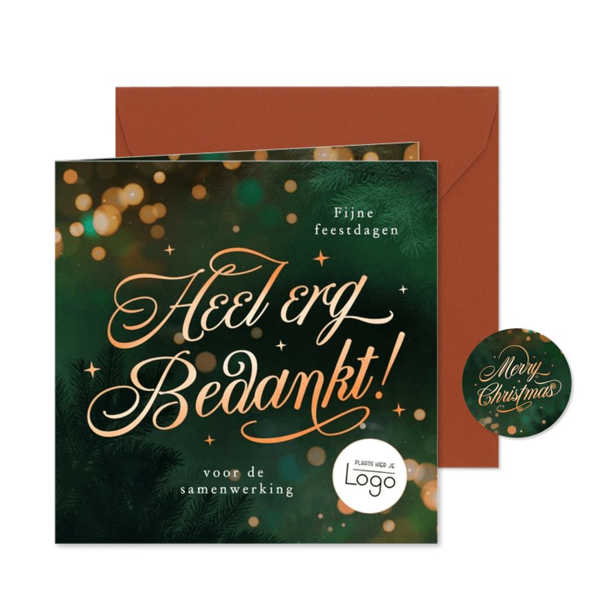 Zakelijke bedankt kerstkaart met lichtjes en logo - Kaartimpressie