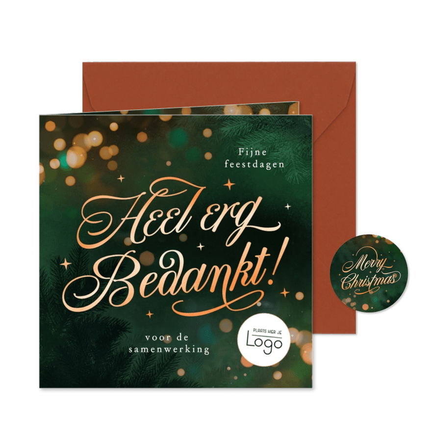 Zakelijke bedankt kerstkaart met lichtjes en logo  - Kaartimpressie