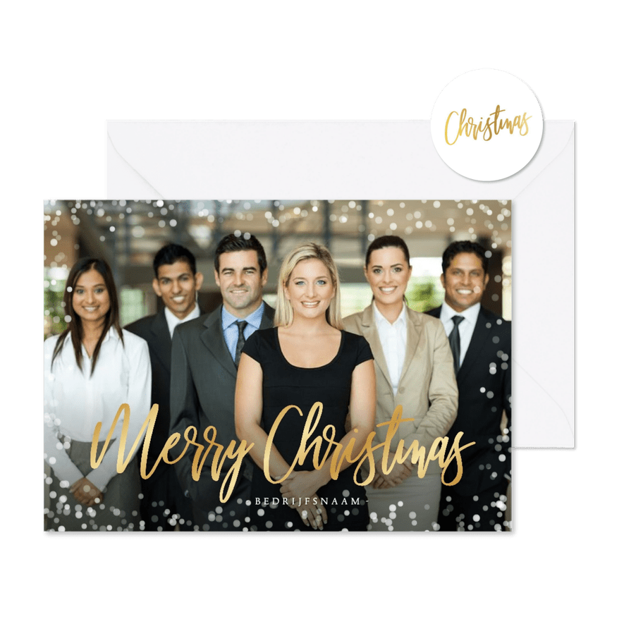 Zakelijke enkele kerstkaart met grote foto en confetti  - Kaartimpressie
