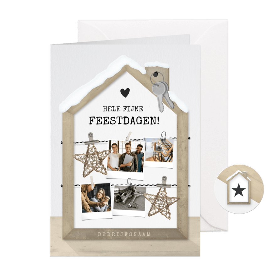 Zakelijke fotocollage kerstkaart met houten huisje  - Kaartimpressie