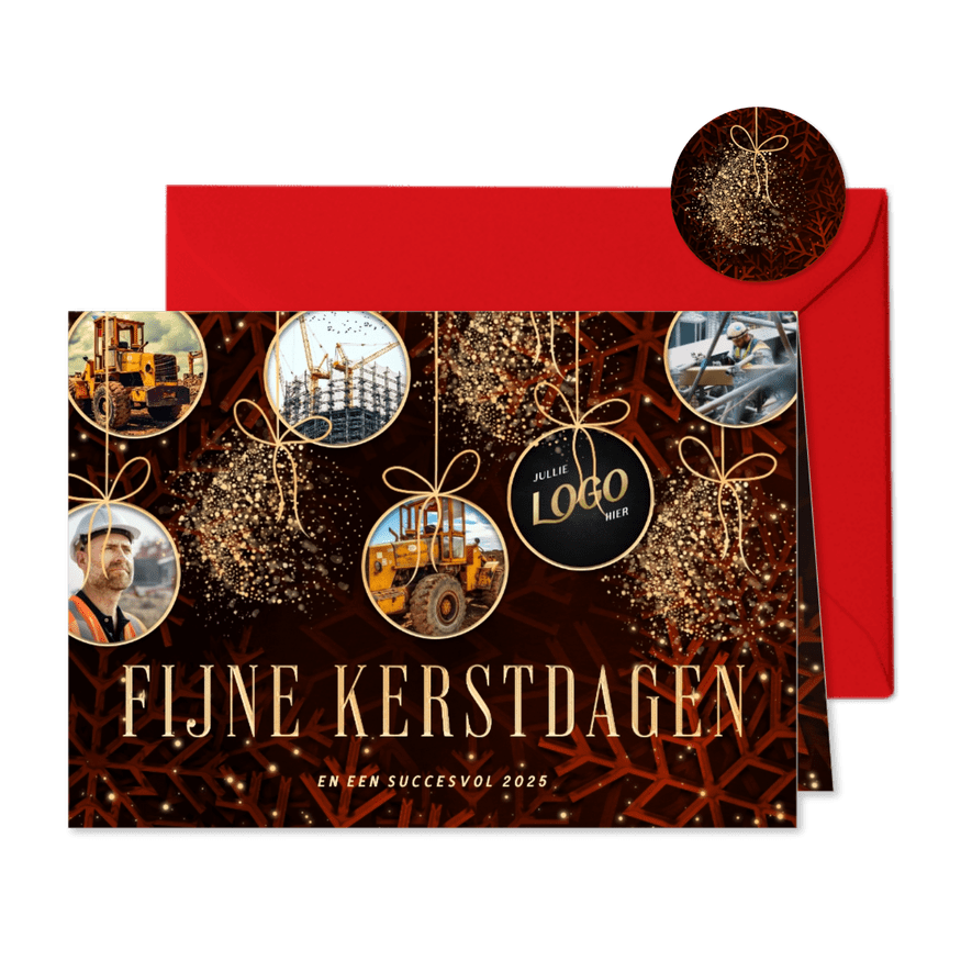 Zakelijke fotocollage kerstkaart met kerstballen rood - Kaartimpressie