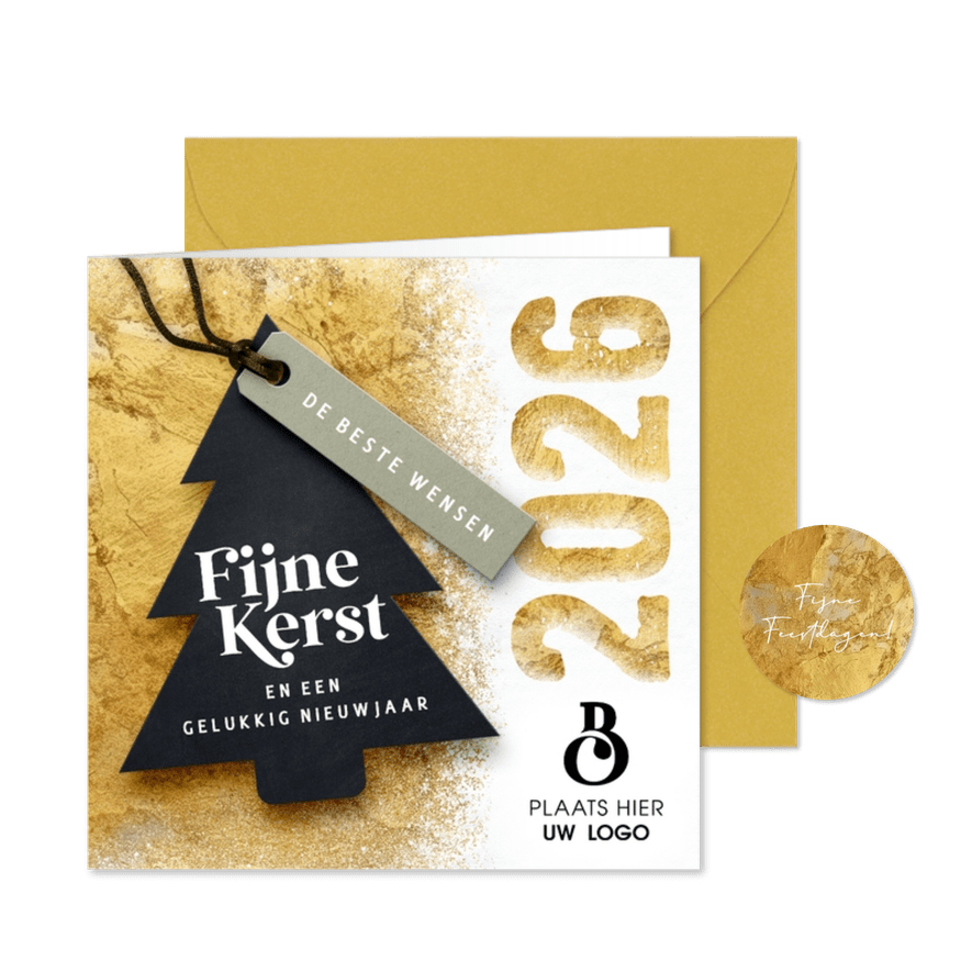 Zakelijke gouden kerstkaart 2026 sneeuw - Kaartimpressie