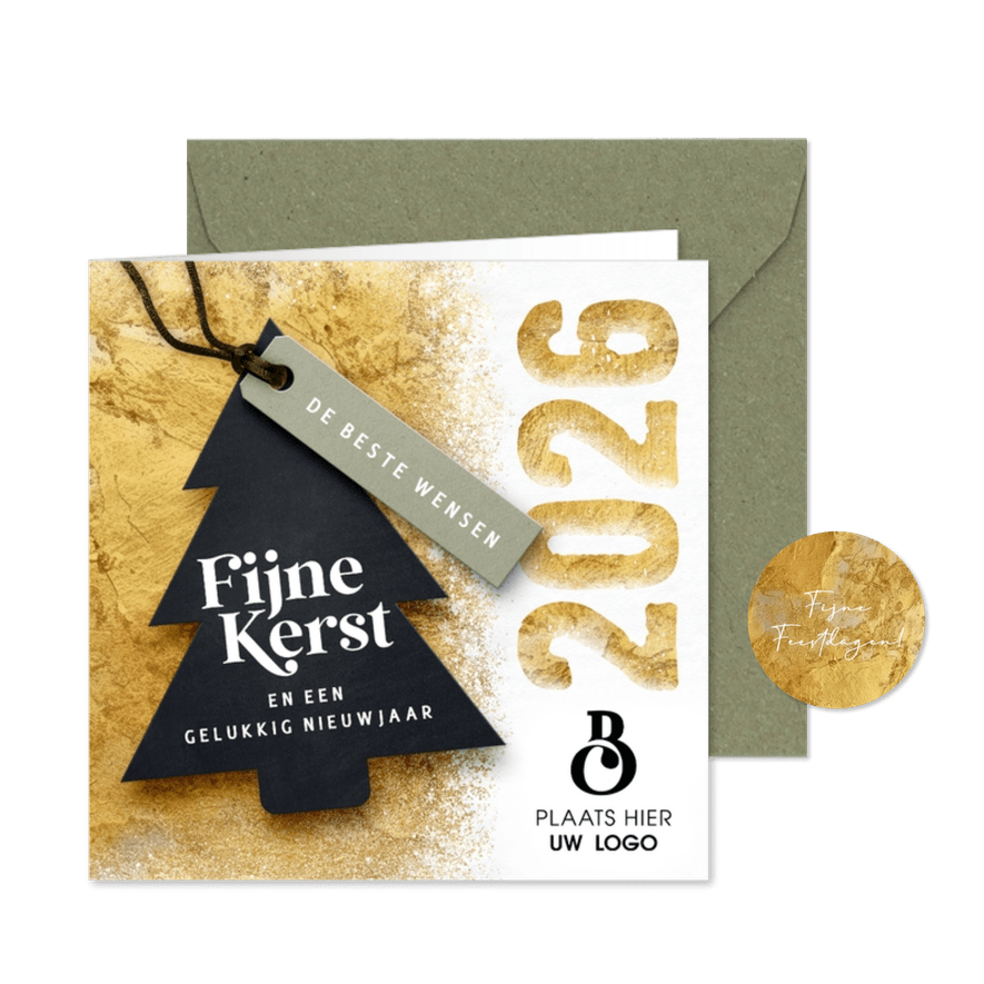 Zakelijke gouden kerstkaart 2026 sneeuw - Kaartimpressie