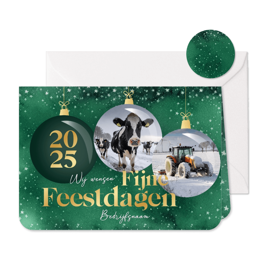 Zakelijke groene kerstkaart met fotos kerstballen en sterren - Kaartimpressie