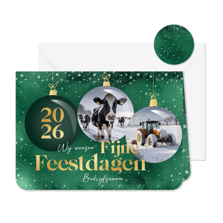 Zakelijke groene kerstkaart met fotos kerstballen en sterren - Kaartimpressie