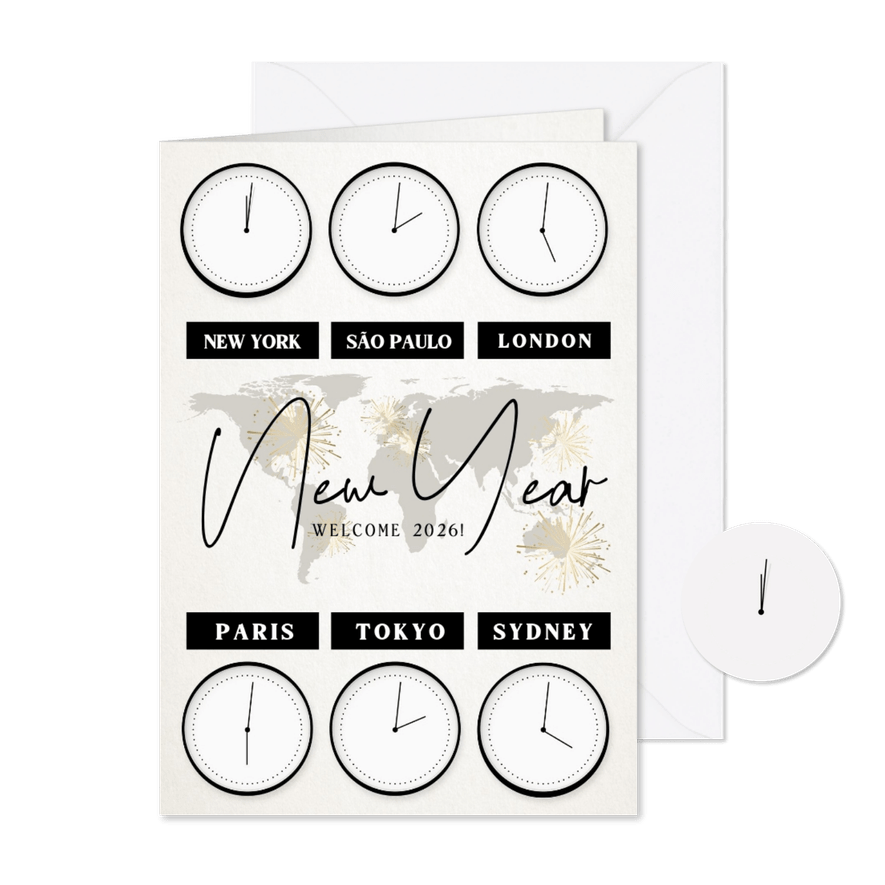 Zakelijke internationale nieuwjaarskaart met wereldklokken - Kaartimpressie