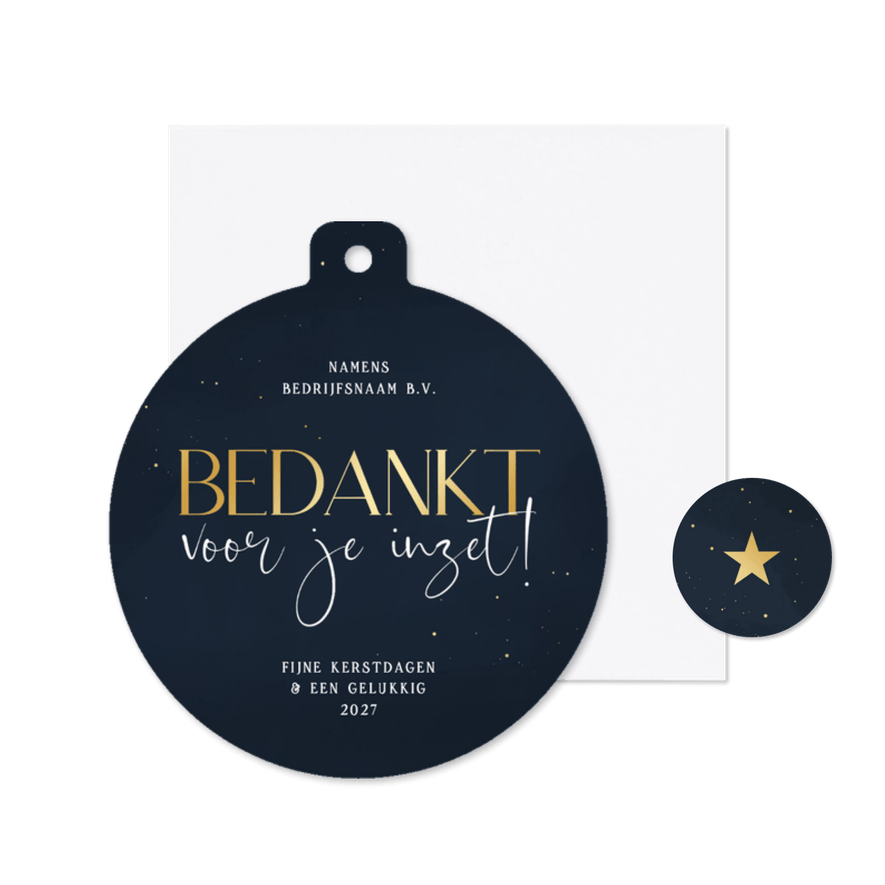 Zakelijke kaart blauw bedankt voor je inzet kerstbalvorm - Kaartimpressie