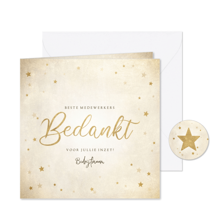 Zakelijke kerst bedankkaart met gouden sterren 'Bedankt' - Kaartimpressie