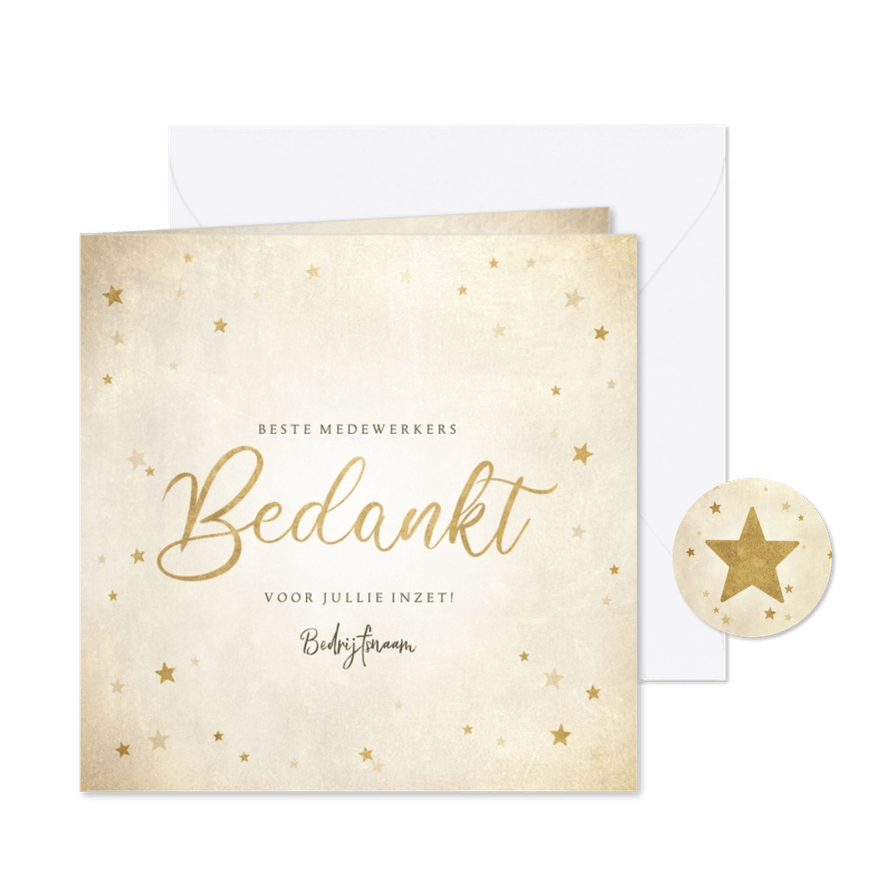 Zakelijke kerst bedankkaart met gouden sterren 'Bedankt' - Kaartimpressie