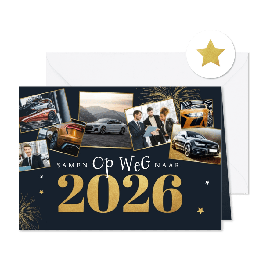Zakelijke kerst- en nieuwjaarskaart auto fotocollage goud - Kaartimpressie