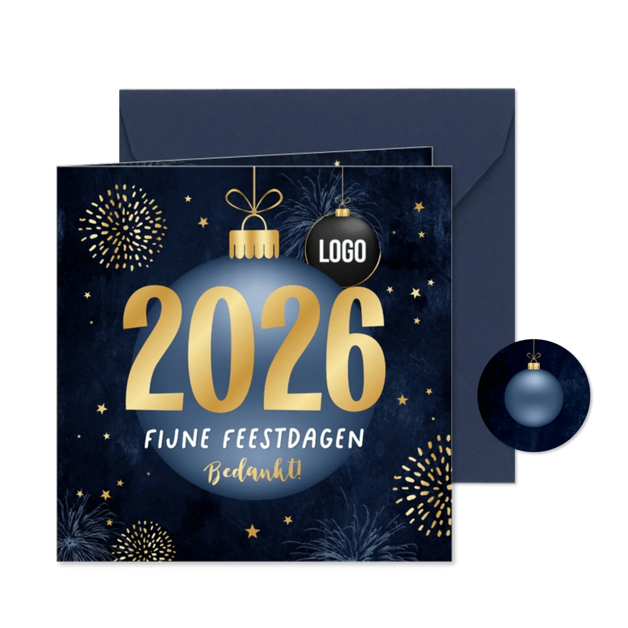 Zakelijke kerst- en nieuwjaarskaart kerstbal 2026 vuurwerk - Kaartimpressie
