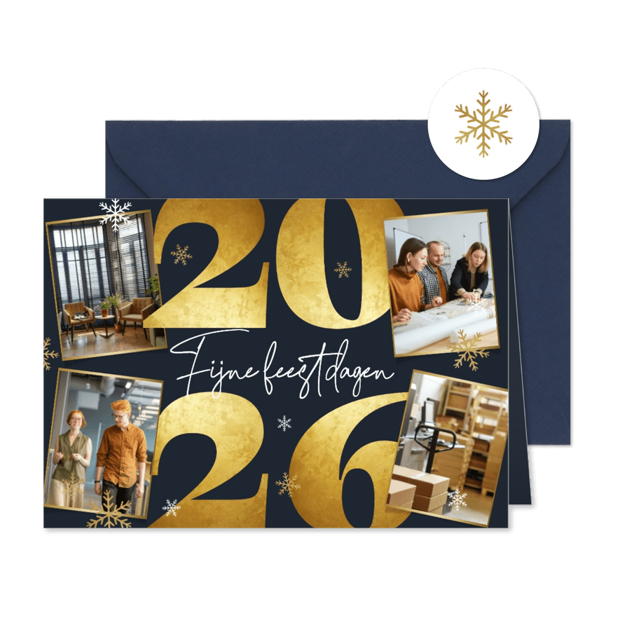 Zakelijke kerst kaart 2026 goud eigen foto's of logo - Kaartimpressie