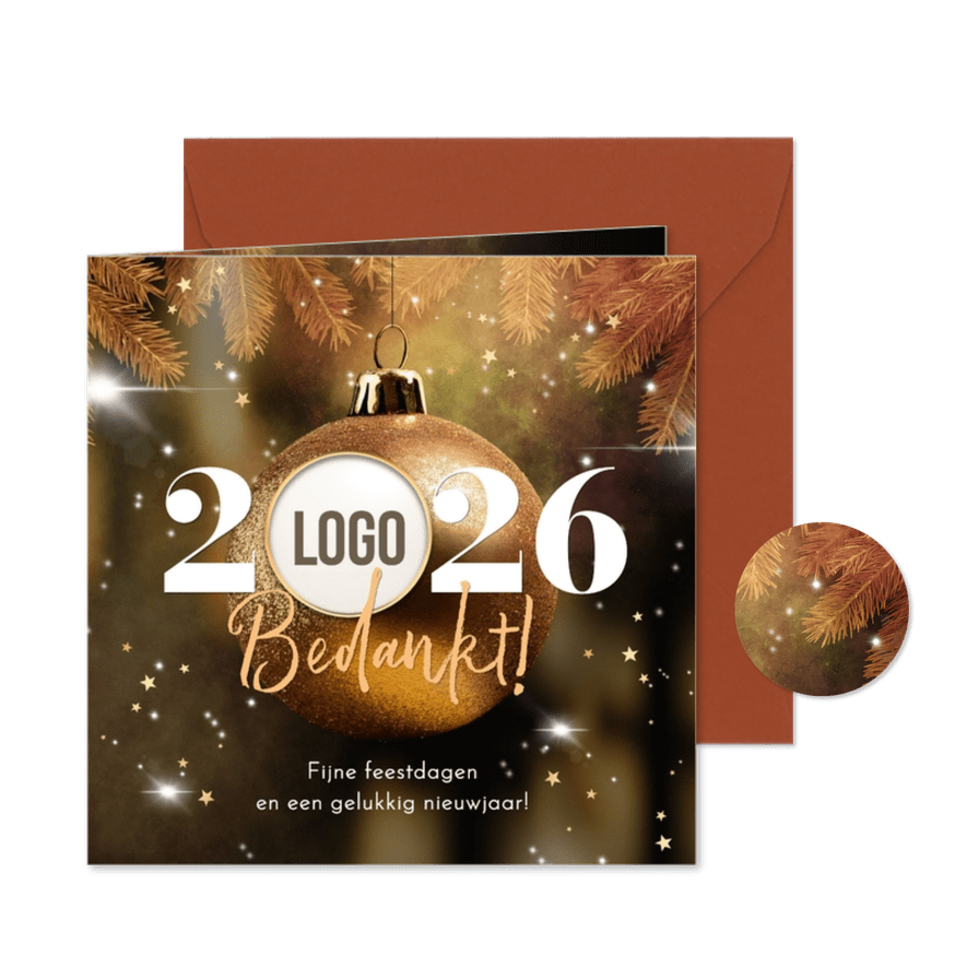 Zakelijke kerst nieuwjaarskaart kerstbal dennentakken logo - Kaartimpressie
