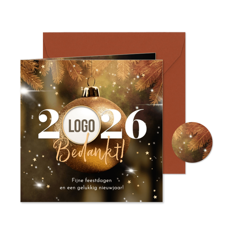 Zakelijke kerst nieuwjaarskaart kerstbal dennentakken logo - Kaartimpressie