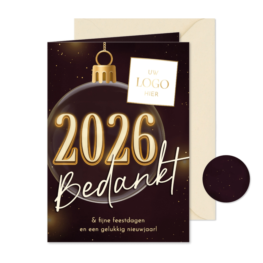 Zakelijke kerst paars kerstbal 2026 logo bedankt - Kaartimpressie