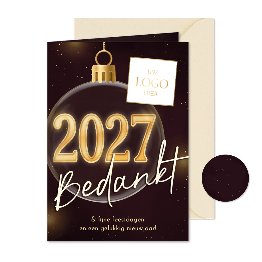 Zakelijke kerst paars kerstbal 2027 logo bedankt - Kaartimpressie