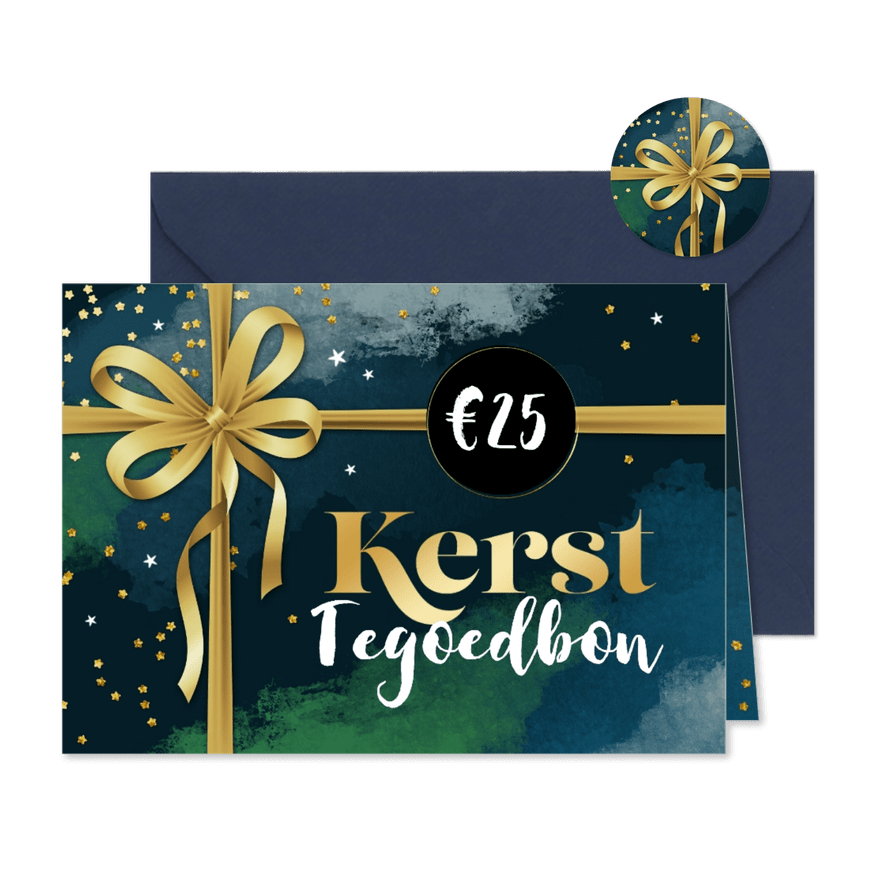Zakelijke kerst tegoedbon strik goud verf blauw confetti - Kaartimpressie