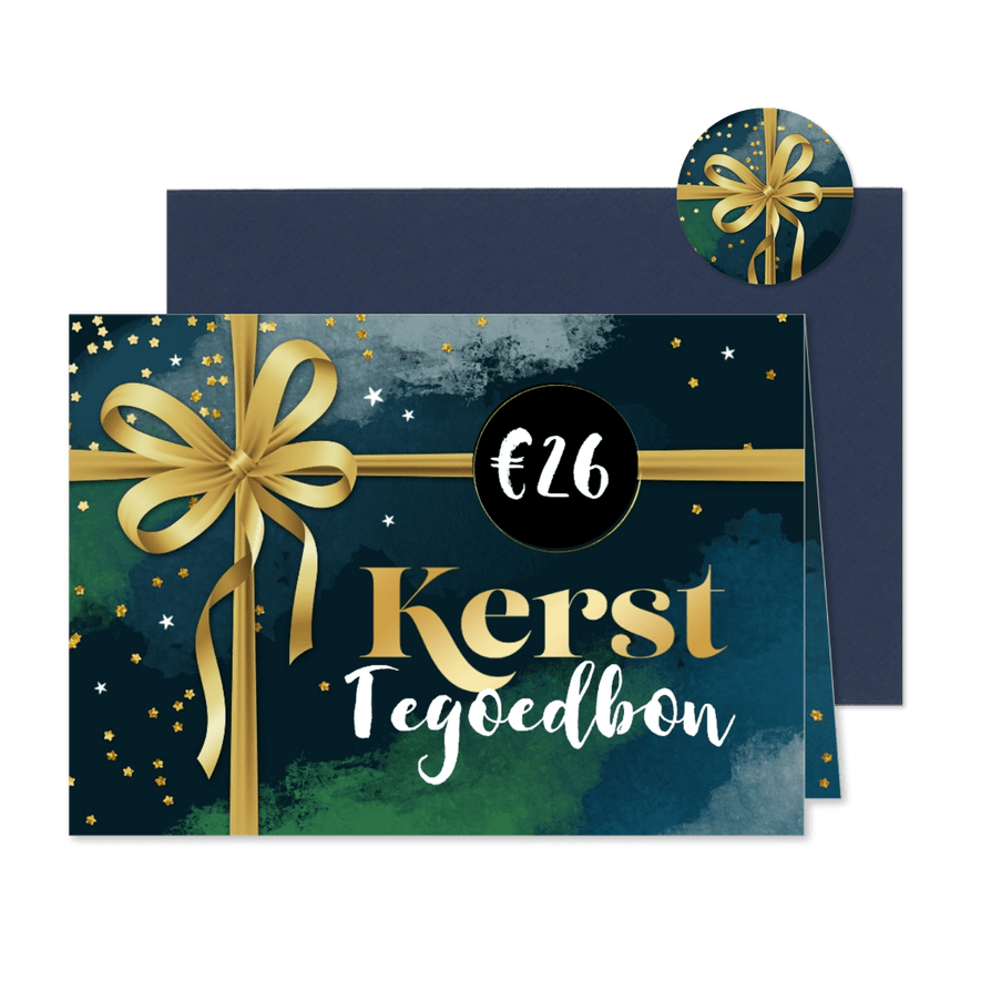 Zakelijke kerst tegoedbon strik goud verf blauw confetti - Kaartimpressie