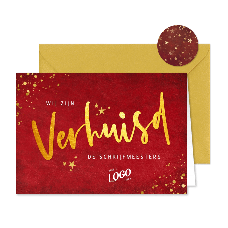 Zakelijke kerst- verhuiskaart met goudlook tekst verhuisd - Kaartimpressie