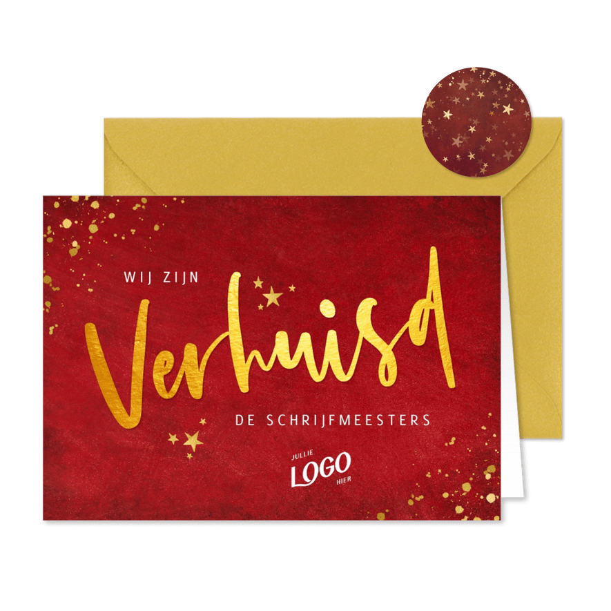 Zakelijke kerst- verhuiskaart met goudlook tekst verhuisd - Kaartimpressie