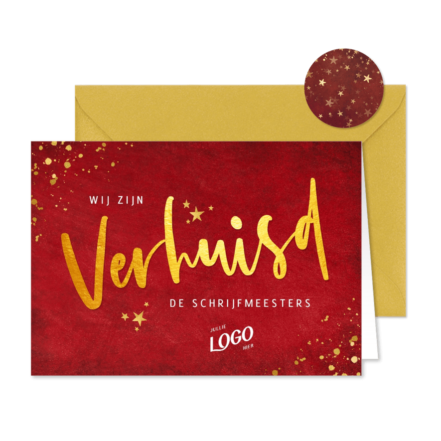 Zakelijke kerst- verhuiskaart met goudlook tekst verhuisd - Kaartimpressie