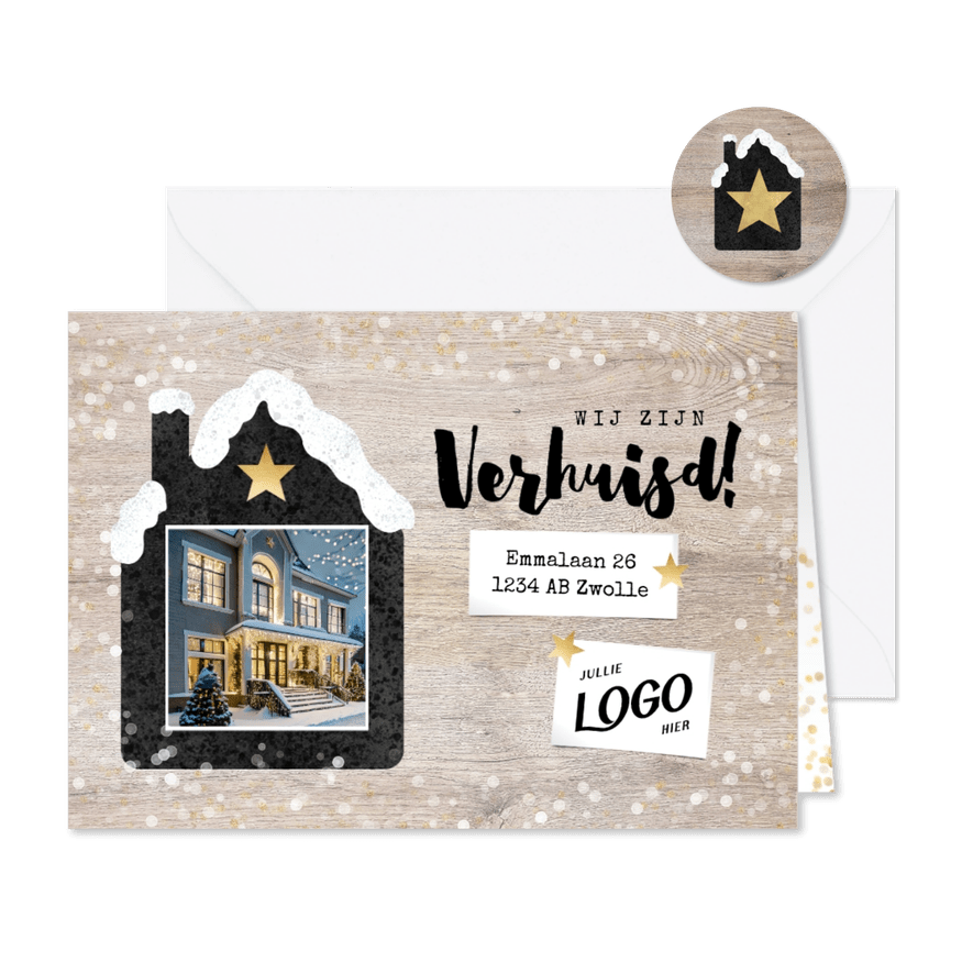 Zakelijke kerst- verhuiskaart met huisje sneeuw en logo - Kaartimpressie