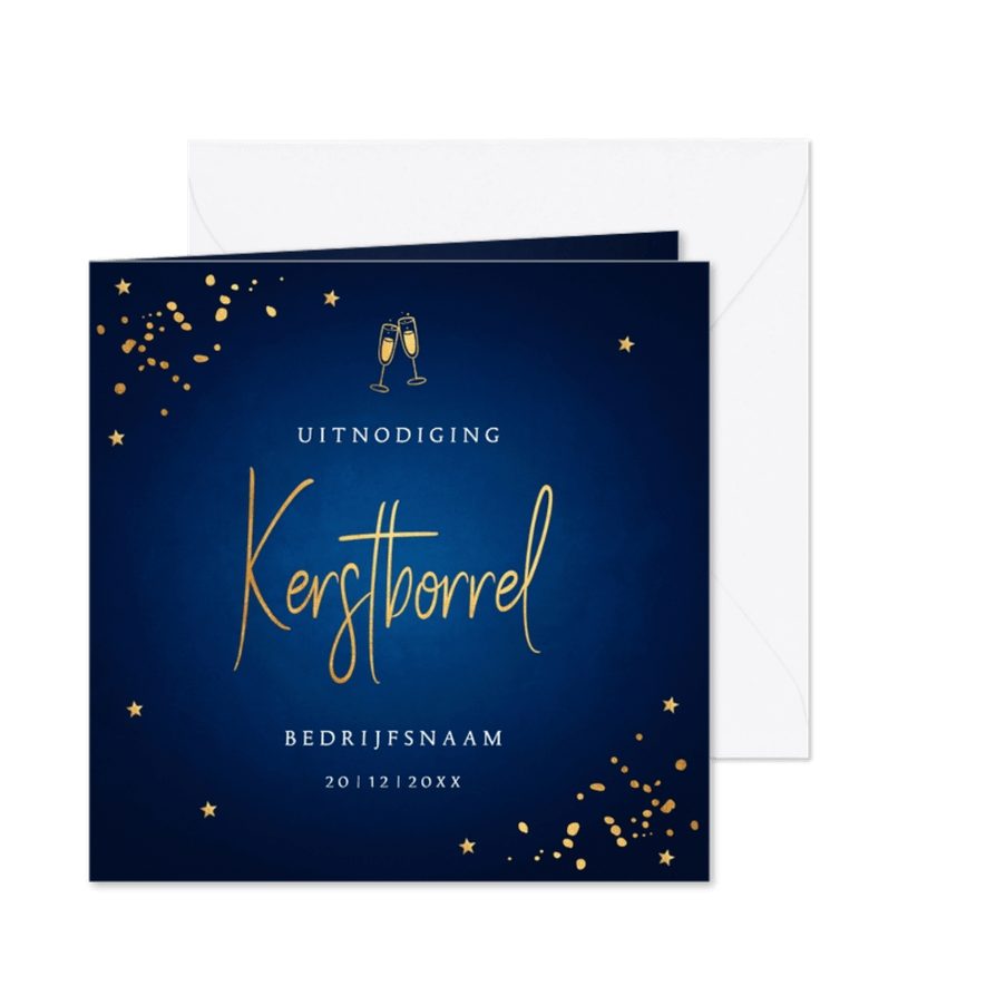 Zakelijke kerstborrel uitnodiging blauw goudlook champagne - Kaartimpressie