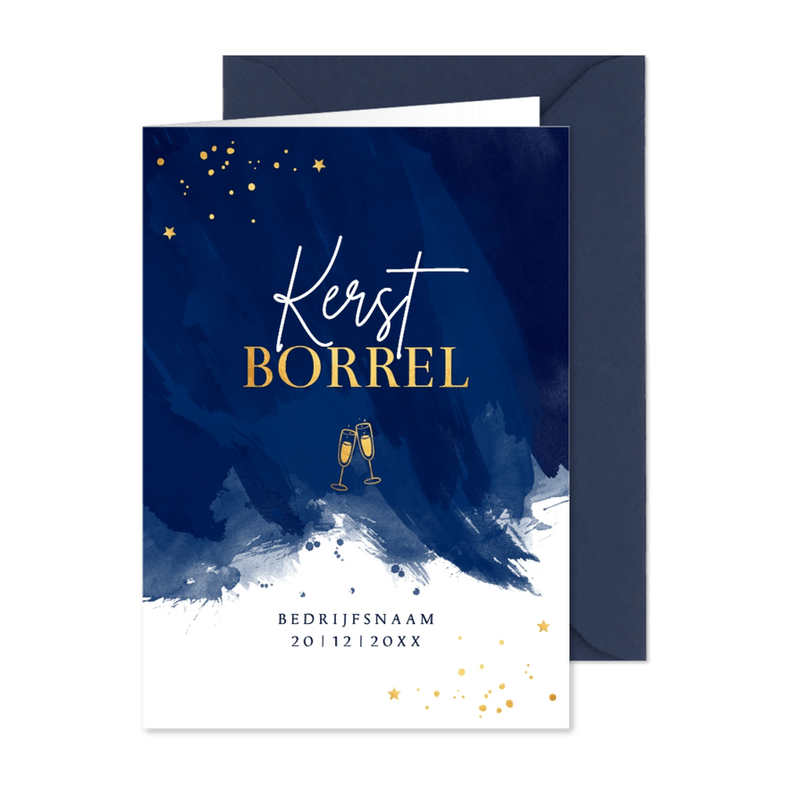 Zakelijke kerstborrel uitnodiging blauw waterverf goudlook - Kaartimpressie