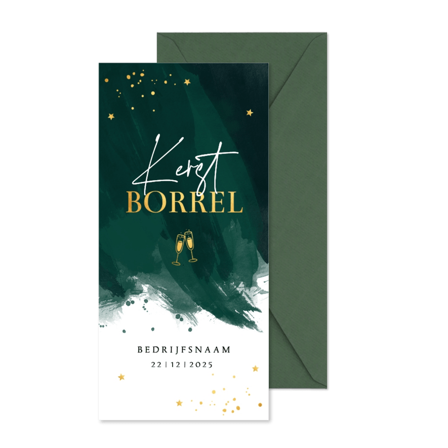Zakelijke kerstborrel uitnodiging groen watercolour goudlook - Kaartimpressie
