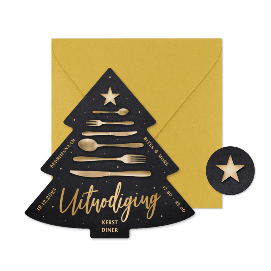 Zakelijke kerstdiner uitnodiging kerstboom met bestek - Kaartimpressie