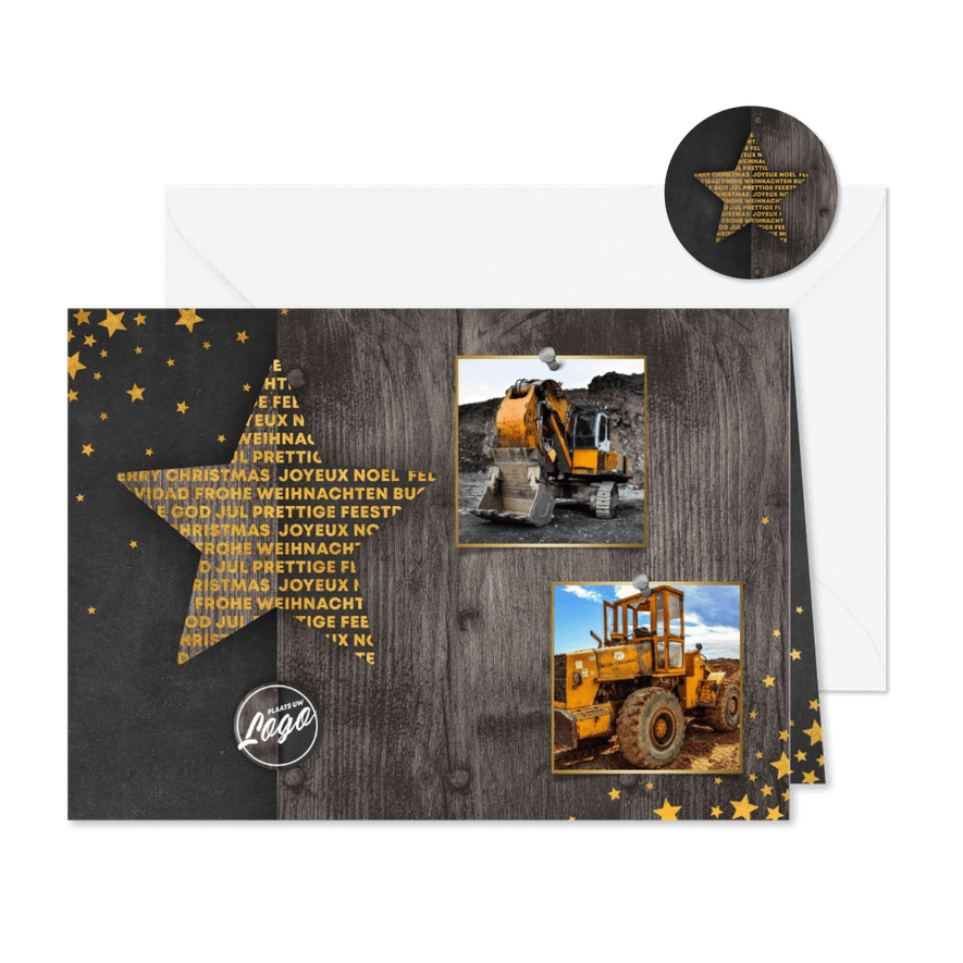Zakelijke kerstkaart 2 foto's meertalig met logo en sterren - Kaartimpressie