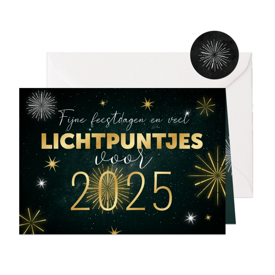 Zakelijke kerstkaart 2025 vuurwerk lichtpuntjes goud - Kaartimpressie