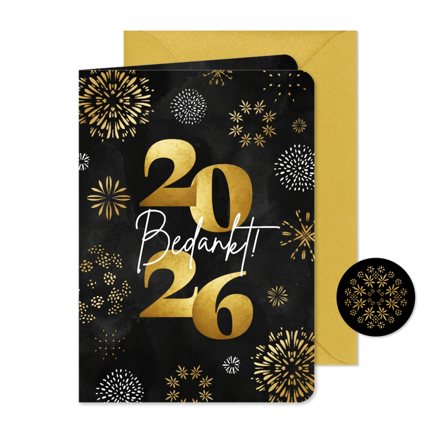 Zakelijke kerstkaart 2026 bedankt vuurwerk goud hip - Kaartimpressie