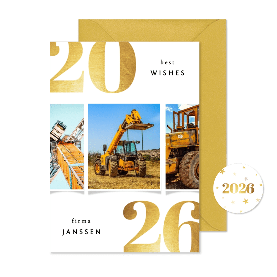 Zakelijke kerstkaart 2026 best wishes goudlook met 3 foto's - Kaartimpressie