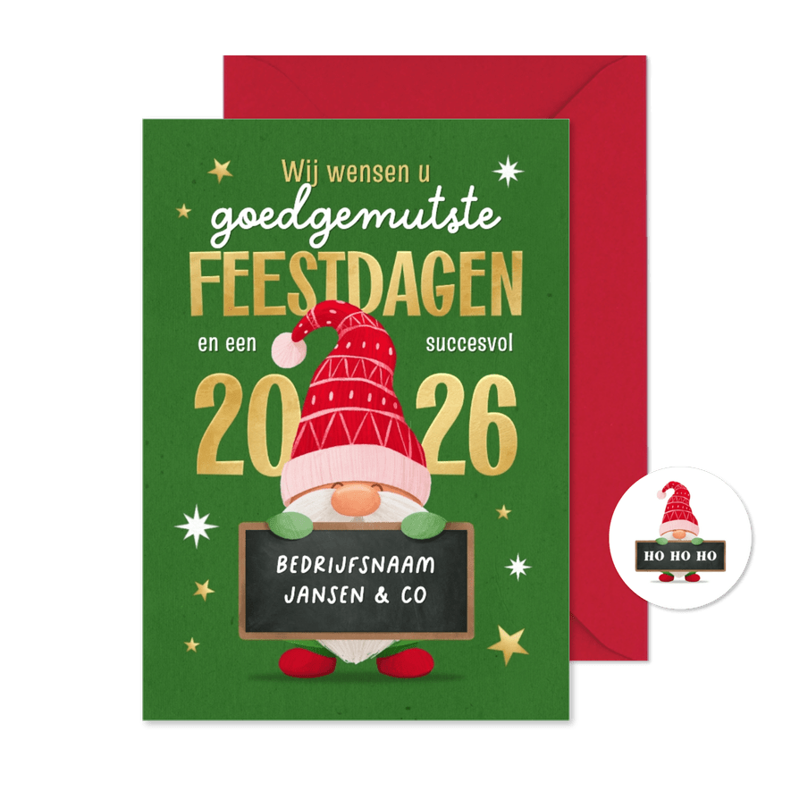 Zakelijke kerstkaart 2026 goedgemutst gnome feestdagen - Kaartimpressie
