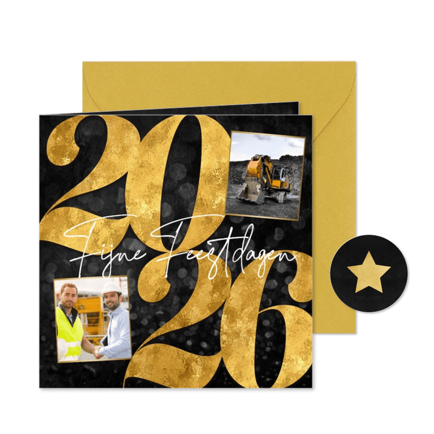 Zakelijke kerstkaart 2026 goud fijne feestdagen krijt - Kaartimpressie