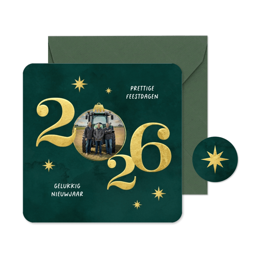 Zakelijke kerstkaart 2026 goud foto groen waterverf - Kaartimpressie