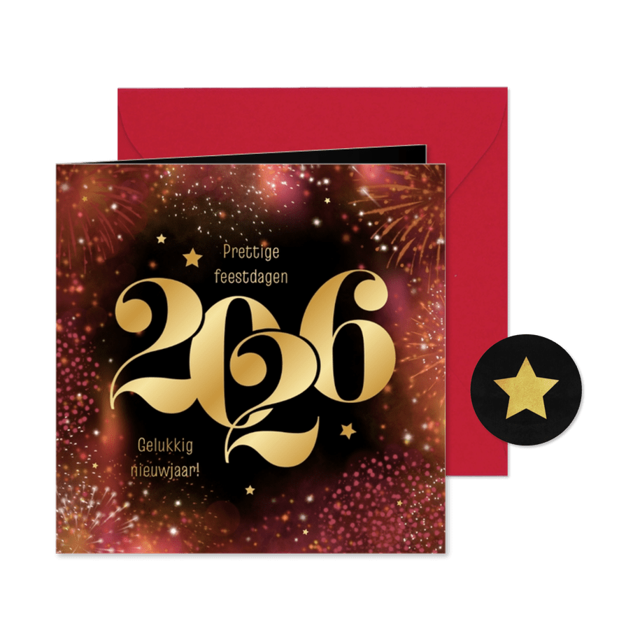 Zakelijke kerstkaart 2026 goud rood vuurwerk sterren - Kaartimpressie