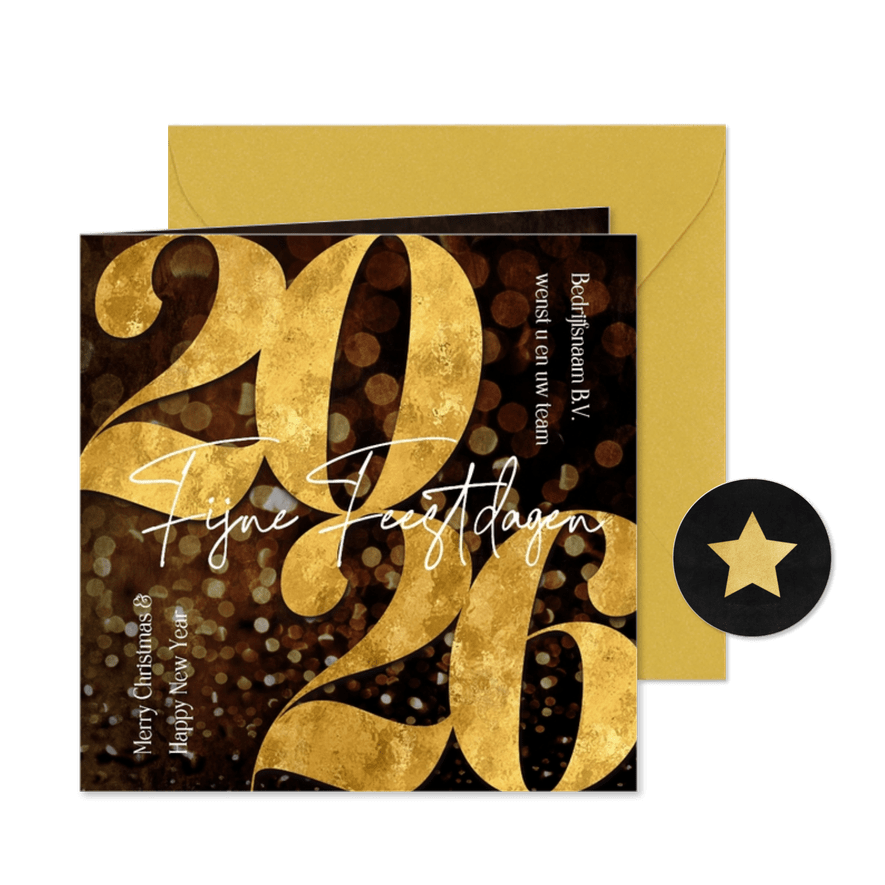 Zakelijke kerstkaart 2026 goud sparkle fijne feestdagen - Kaartimpressie