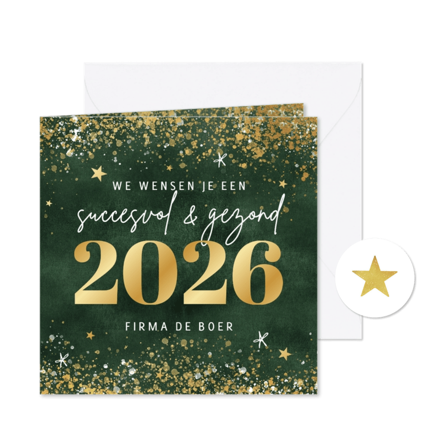Zakelijke kerstkaart 2026 goud spetters sterren groen - Kaartimpressie