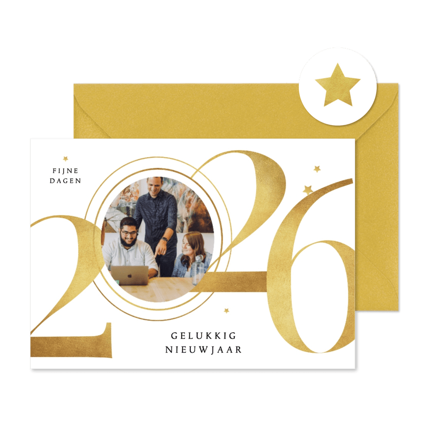 Zakelijke kerstkaart 2026 goud sterren stijlvol grafisch - Kaartimpressie